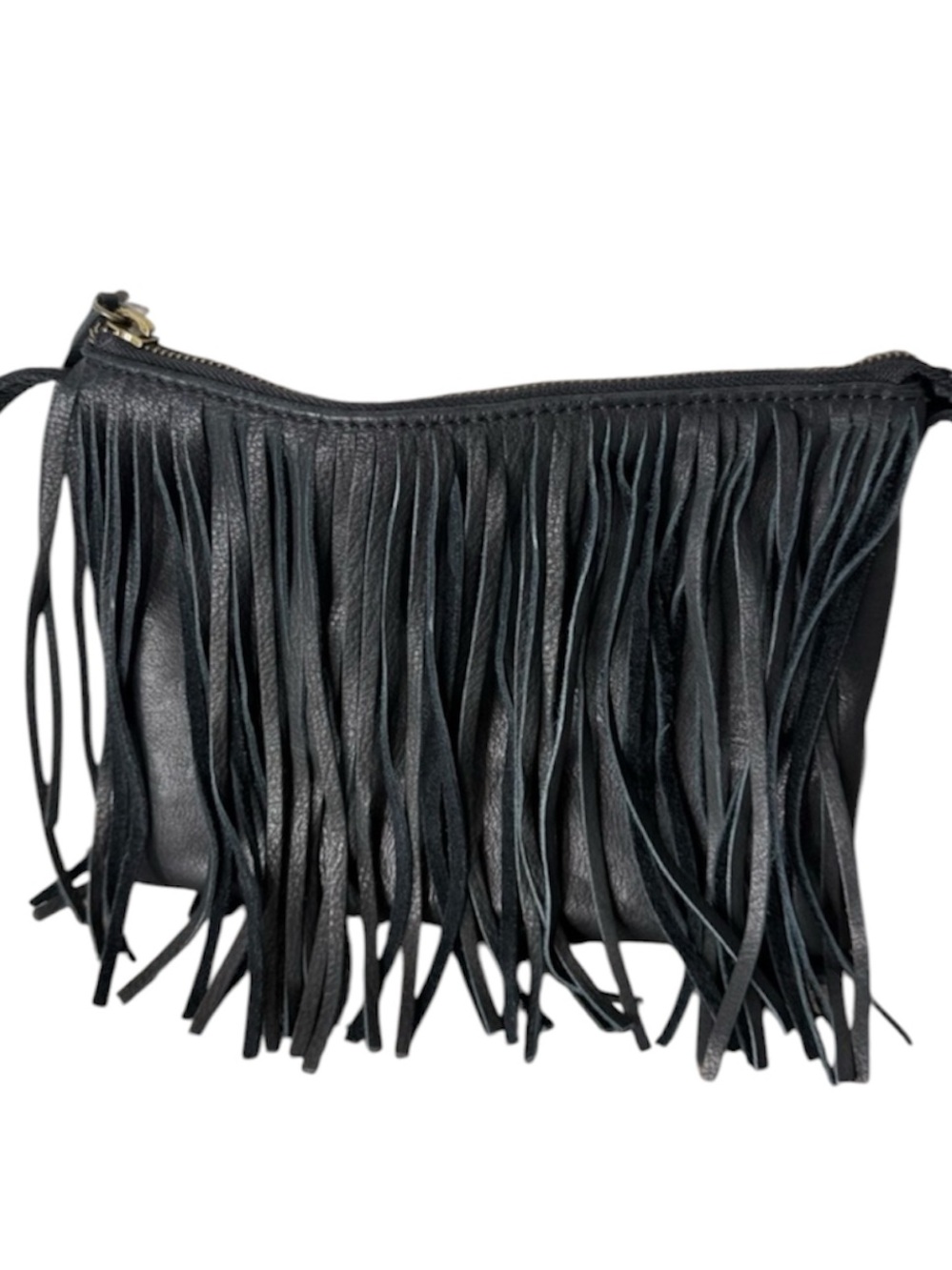 LUCKY BRAND Black Leather Crossbody Bag Fringe Zipper Adjustable Strap Boho